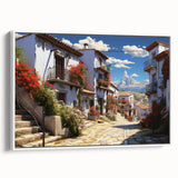 Framed canvas wall art showcasing an urban landscape with vibrant colors and intricate street designs, ideal for modern home decor. Features a sleek white frame and a side view perspective. Perfect for enhancing interior aesthetics.