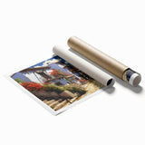 Rolled print showcasing a vibrant street landscape design, featuring colorful buildings and urban elements, ideal for home decor or art enthusiasts.