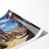 Vibrant rolled wall art print showcasing a colorful urban landscape design, perfect for home decor, featuring intricate details and bold colors, rolled for easy shipping.