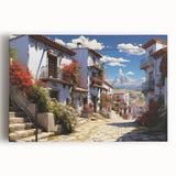 Stretched canvas wall art featuring a vibrant street landscape design, showcasing colorful buildings and artistic elements, perfect for modern home decor.