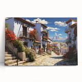 Stretched canvas wall art featuring a vibrant cityscape design, showcasing colorful buildings and streets, ideal for modern home decor. Perfect for adding a lively urban touch to any room.