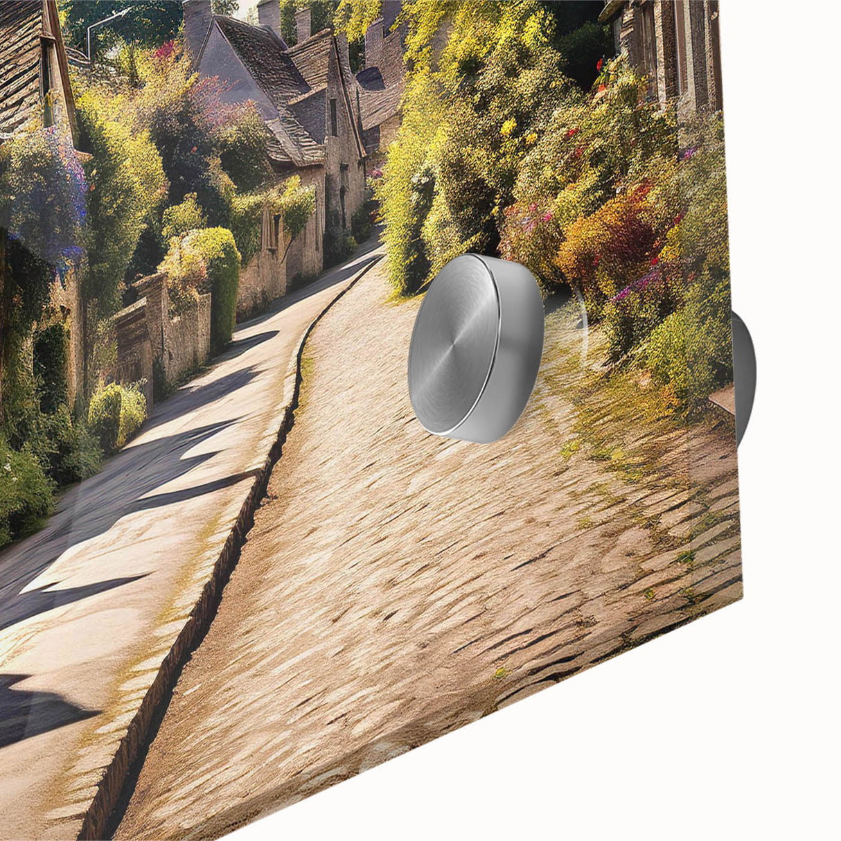 Close-up of a vibrant acrylic glass wall art piece showcasing a colorful urban landscape design, perfect for home decor with modern aesthetics. The artwork features intricate details and rich colors, ideal for enhancing contemporary interiors.