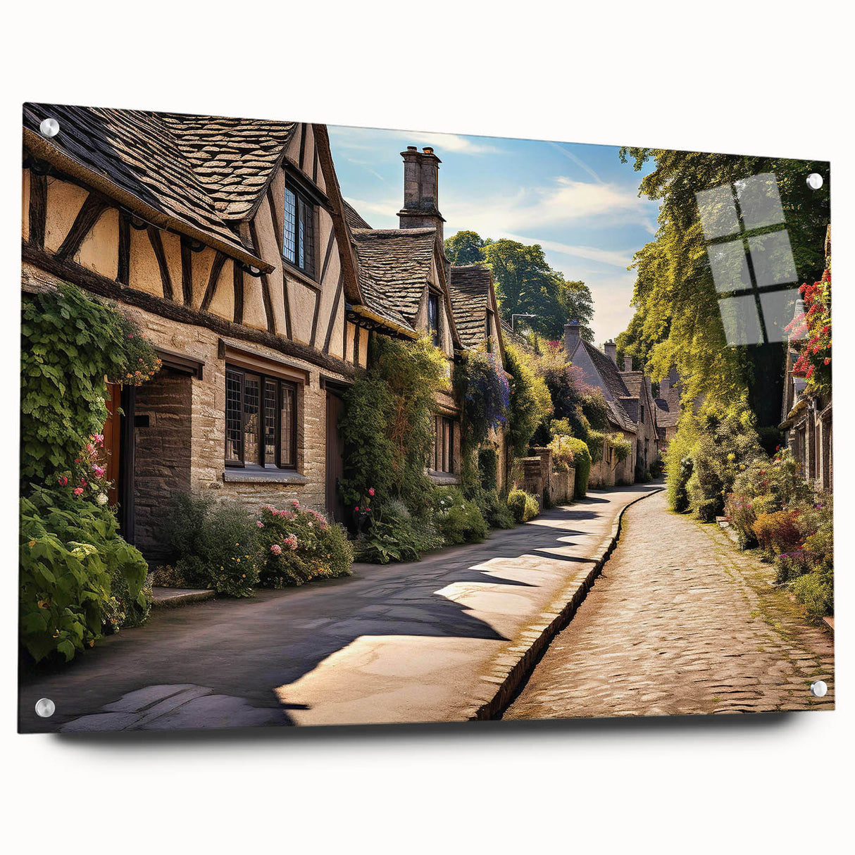 Acrylic glass wall art showcasing a vibrant street landscape design, featuring vivid colors and intricate details, elegantly displayed with pins against a minimalist backdrop. Perfect for modern decor enthusiasts seeking unique, eye-catching art pieces.