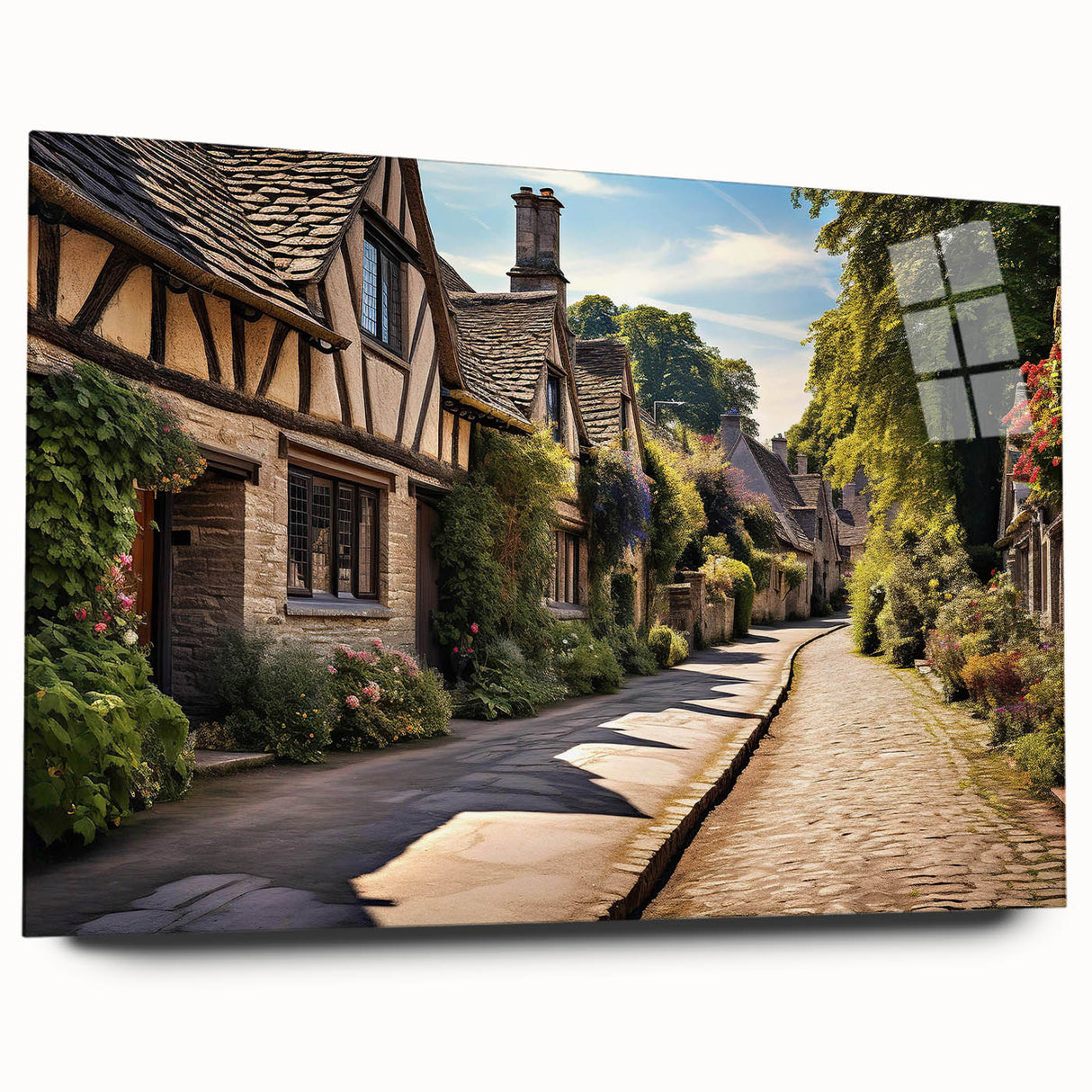 Modern wall art collection featuring an acrylic glass design showcasing vibrant landscapes and urban street scenes, accentuated with a sleek side view, ideal for contemporary home decor.