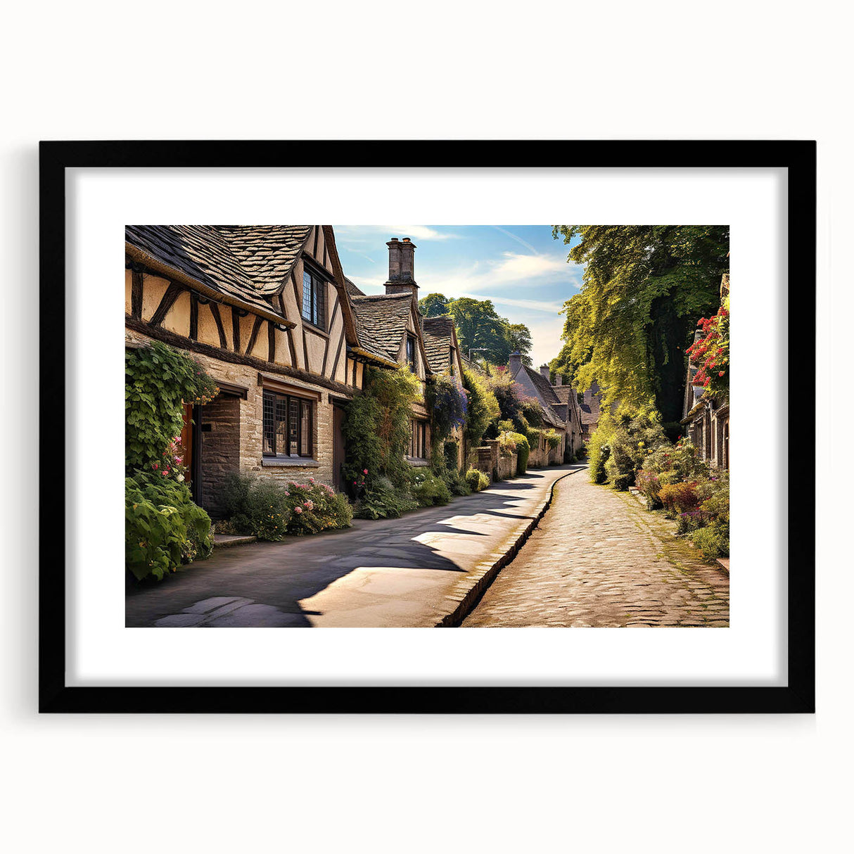 Framed wall art showcasing a vibrant landscape design in a stylish black frame with a mat. Ideal for modern home decor, enhancing living spaces with artistic flair.