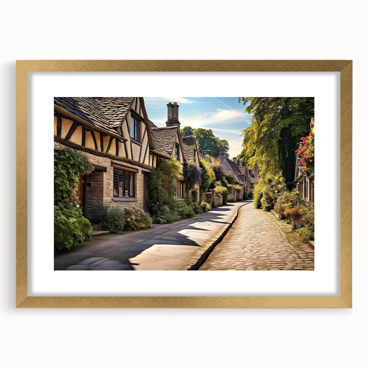 Elegant wall art design featuring a framed landscape with streets, accentuated by a gold mat, perfect for home decor. Ideal for enhancing modern interiors.