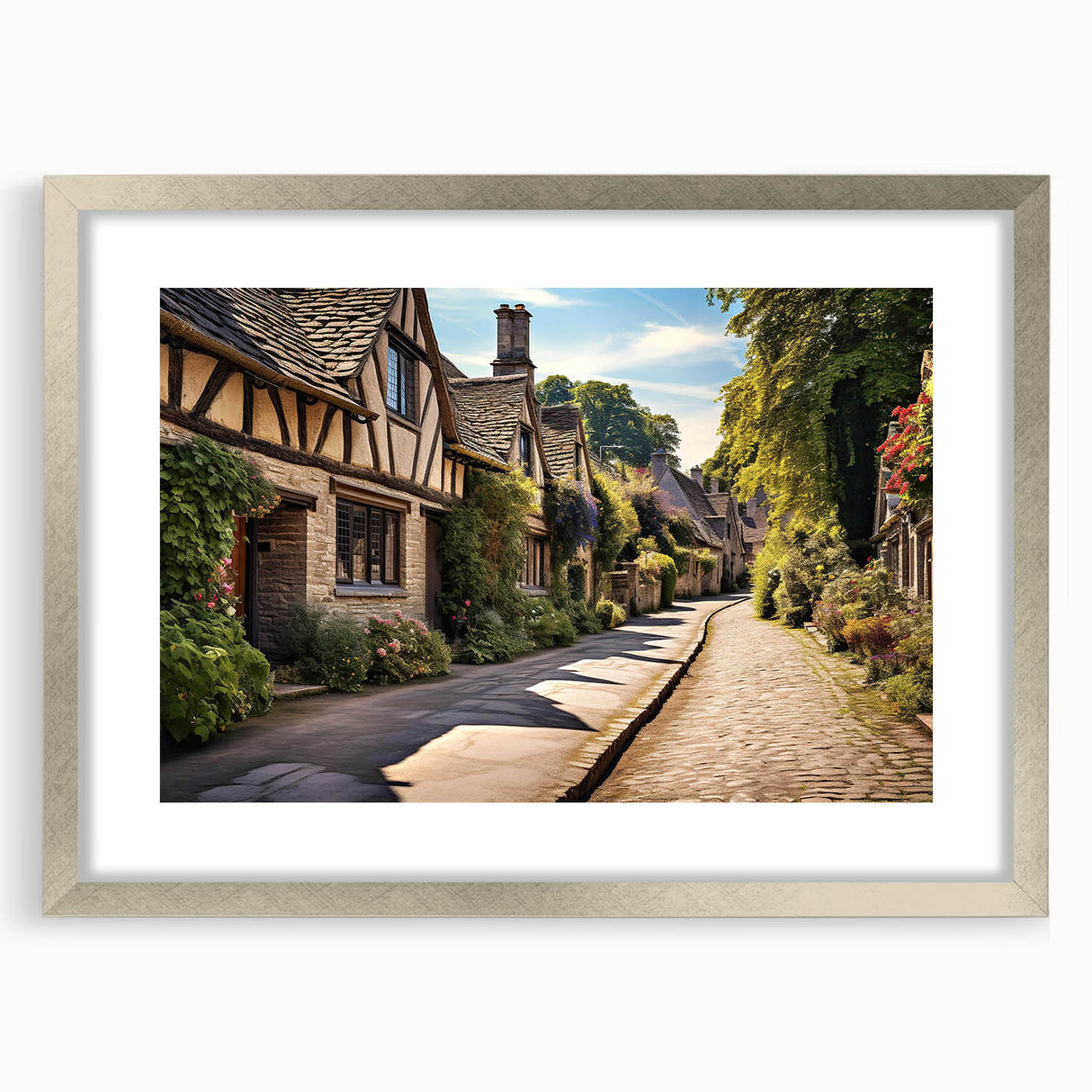 Framed wall art featuring a vibrant city landscape design with a sleek silver mat, perfect for modern home décor. The piece showcases intricate details and colors, enhancing any living space.