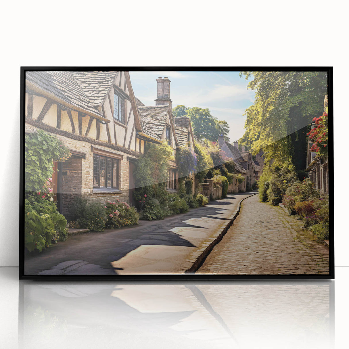 Framed acrylic wall art showcasing a vibrant street landscape design with rich colors, presented in a sleek black frame, ideal for modern home decor.