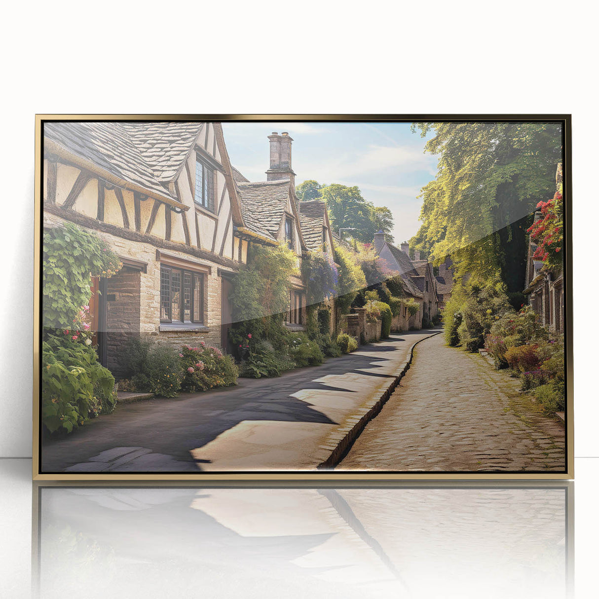 Framed wall art showcasing a vibrant street landscape design with golden accents, perfect for modern decor. Features a sleek acrylic front for durability.