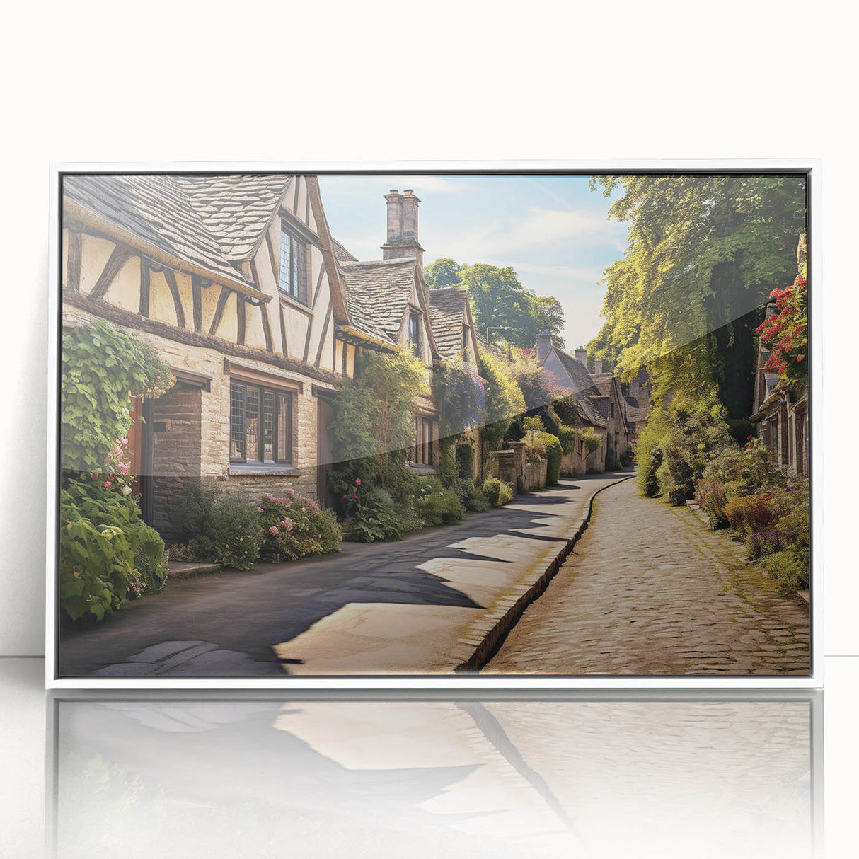 Framed acrylic wall art featuring a vibrant street landscape design with a white border, perfect for modern home decor. Ideal for enhancing living spaces and adding artistic flair.
