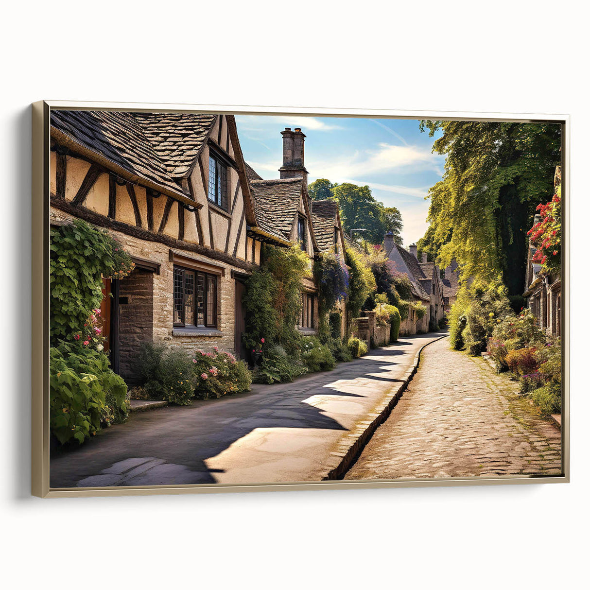Framed canvas wall art showcasing a stunning landscape design with vibrant colors and intricate details, featuring a sleek gold frame and side view display, perfect for enhancing home decor.
