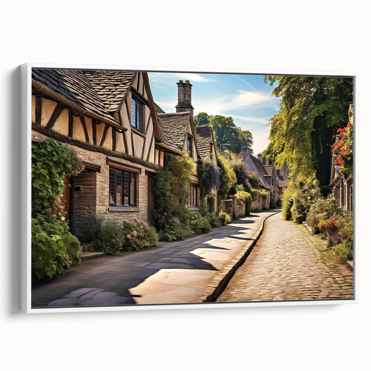 Framed canvas wall art showcasing a modern street landscape design in vibrant colors, presented from a side view against a white background. Perfect for contemporary decor.