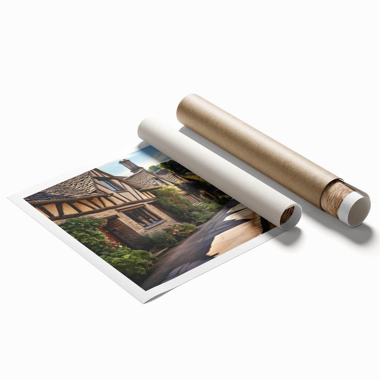 Vibrant rolled print showcasing a modern landscape design with intricate street scenes, featuring rich colors and details, packaged securely for delivery.
