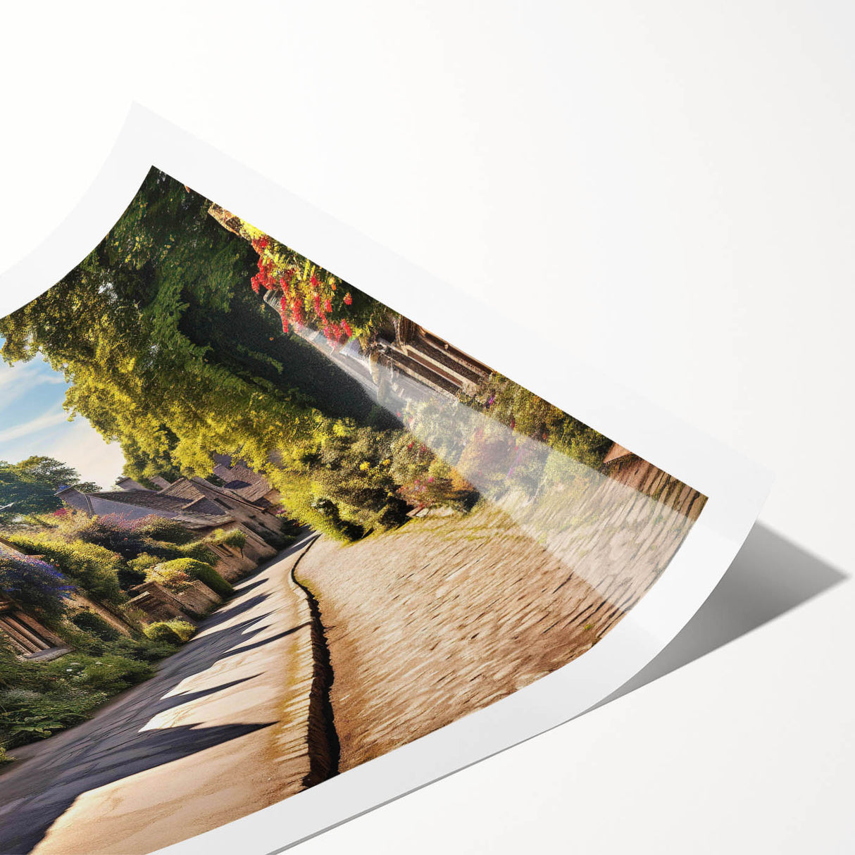 Rolled print showcasing a vibrant landscape street design in bold colors, ideal for modern home decor, packaged securely in a protective tube.