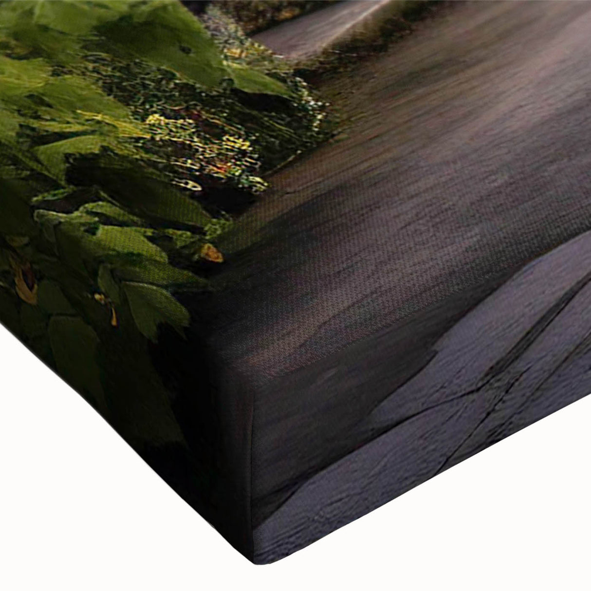 Close-up of a stretched canvas showcasing a vibrant landscape street design with intricate details, perfect for modern wall decor in living spaces.