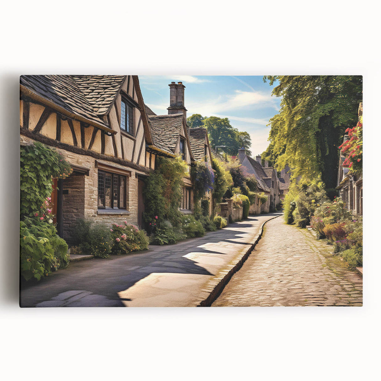 Stretched canvas artwork showcasing a vibrant urban landscape design with vivid colors, ideal for modern home decor and wall art collections.