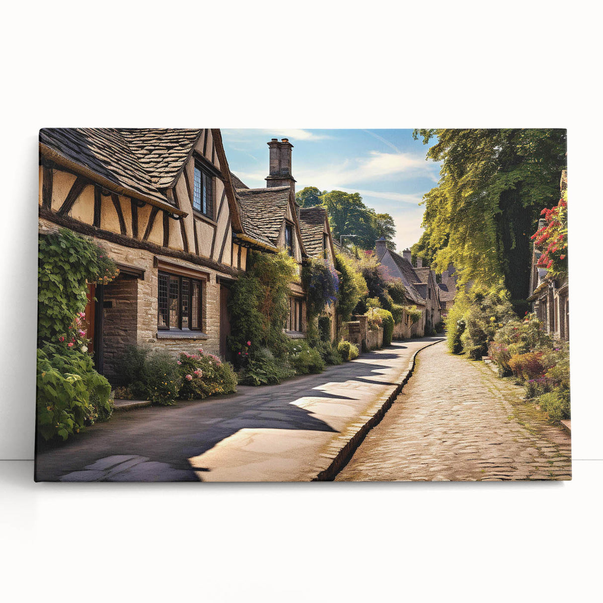 Stretched canvas wall art featuring a vibrant cityscape design with colorful buildings and a sunset background, ideal for modern home decor.