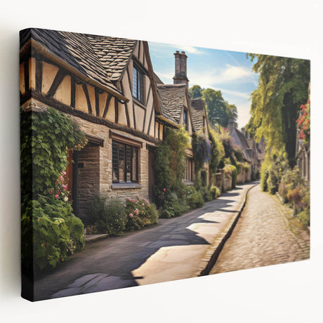 Stretched canvas wall art showcasing a vibrant street landscape design, featuring bold colors and intricate details, perfect for modern home decor.