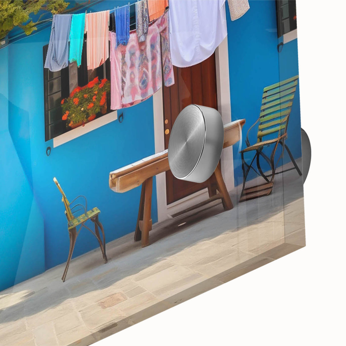 Close-up of a vibrant acrylic glass wall art piece showcasing a colorful city landscape design, perfect for modern home decor, enhancing any space with artistic flair.