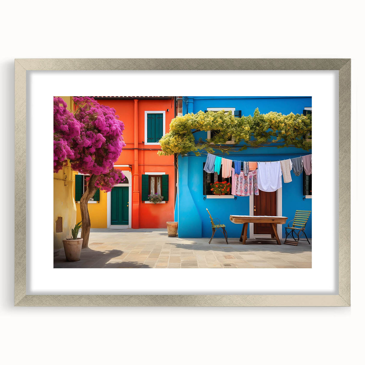 Framed silver wall art featuring a contemporary landscape design, showcasing vibrant colors and intricate details, perfect for modern home decor.