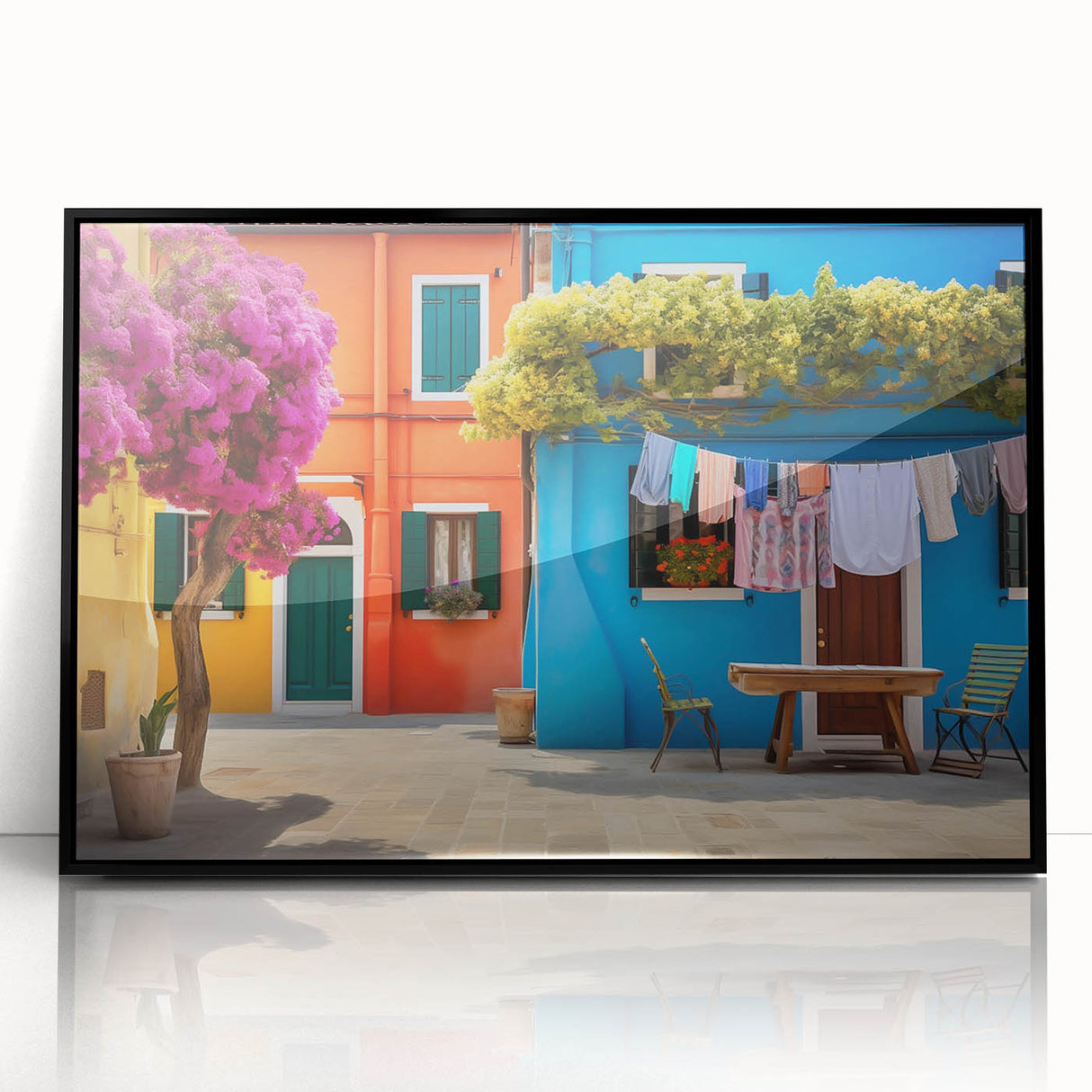 Framed acrylic wall art featuring a vibrant street landscape design with a black frame, ideal for modern home decor. Perfect for adding a stylish touch to living spaces.