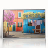 Framed acrylic wall art featuring a vibrant landscape street design, showcasing a mix of colors and intricate details, ideal for modern home decor.