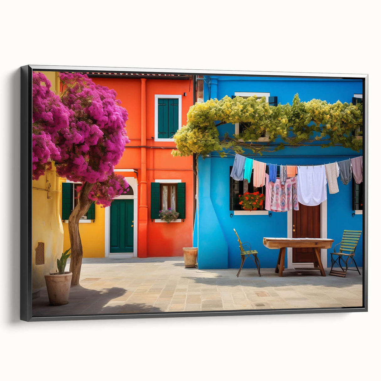 Framed wall art canvas showcasing a vibrant street landscape design, featuring bold colors and intricate details, presented in a sleek black frame for modern decor.