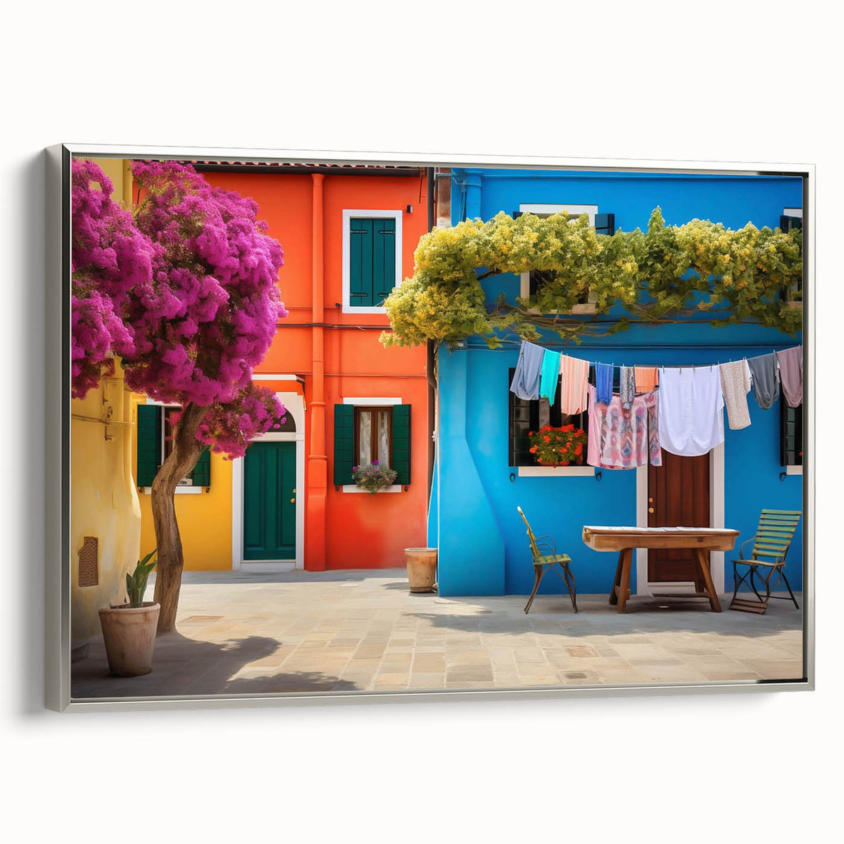Framed landscape wall art featuring a serene street view design with a silver border, ideal for modern home decor. This piece adds elegance and tranquility to any room.