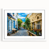 Framed wall art showcasing a vibrant landscape street design in a white mat, perfect for home decor, adding a modern touch to any room.