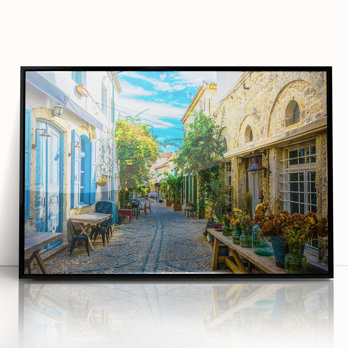 Framed acrylic wall art featuring a modern street landscape design in black, showcasing vibrant colors and intricate details, perfect for enhancing home decor.