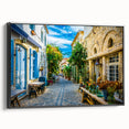 Framed canvas wall art featuring a modern landscape design in muted colors, showcasing a serene street scene, viewed from the side with a black frame. Ideal for home decor.