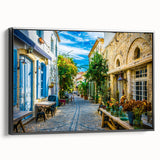 Framed canvas wall art featuring a modern landscape design in muted colors, showcasing a serene street scene, viewed from the side with a black frame. Ideal for home decor.