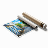 Rolled print showcasing a vibrant urban landscape design in bold colors, ideal for modern home decor, packaged securely in a protective cardboard tube.