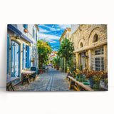 Stretched canvas wall art showcasing a vibrant landscape scene with abstract street designs, featuring rich colors and dynamic shapes, perfect for modern decor.