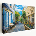 Stretched canvas wall art showcasing a vibrant urban landscape design, featuring colorful streets and buildings, ideal for modern home decor.