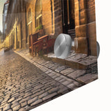 A close-up of a vibrant acrylic glass wall art piece showcasing a colorful urban landscape design, featuring intricate street details and dynamic colors, perfect for modern decor.