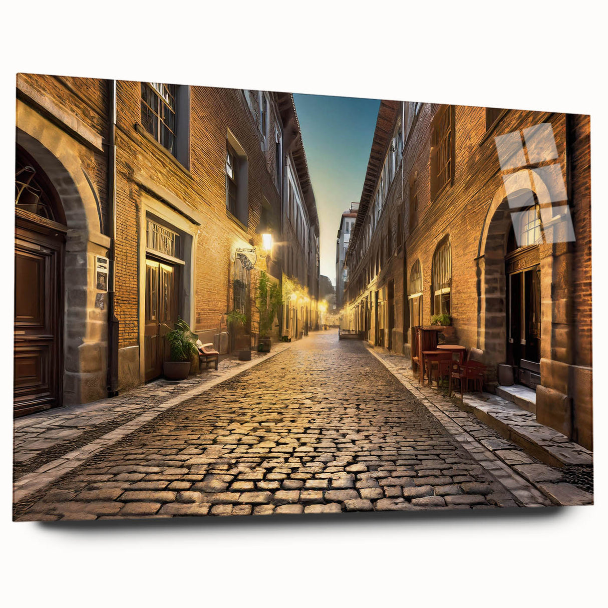 Acrylic glass wall art collection showcasing a vibrant street landscape design in a modern side view. The artwork is elegantly framed, enhancing its colorful details and urban theme. Perfect for contemporary home decor.