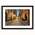 Black-framed landscape wall art featuring a serene street design with vibrant colors, ideal for modern home décor. Showcases a sleek matte finish and elegant aesthetics.