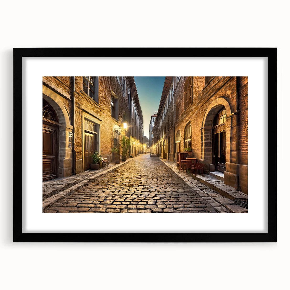 Black-framed landscape wall art featuring a serene street design with vibrant colors, ideal for modern home décor. Showcases a sleek matte finish and elegant aesthetics.