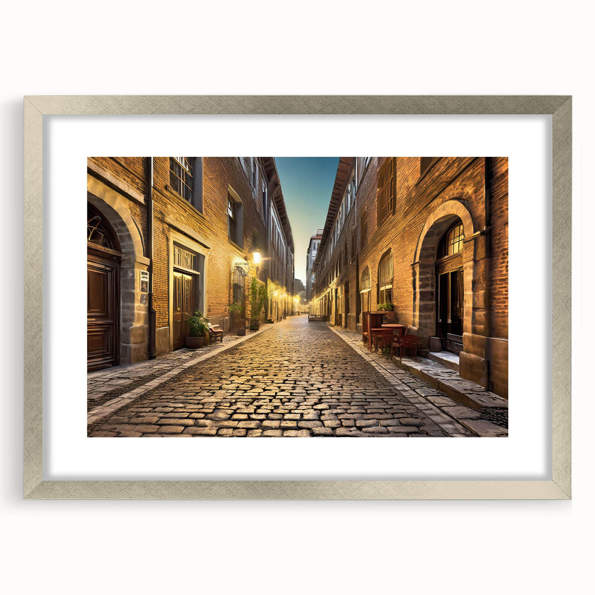 Framed wall art collection featuring a silver mat and landscape street design, showcasing vibrant colors and intricate details that enhance modern decor aesthetics.