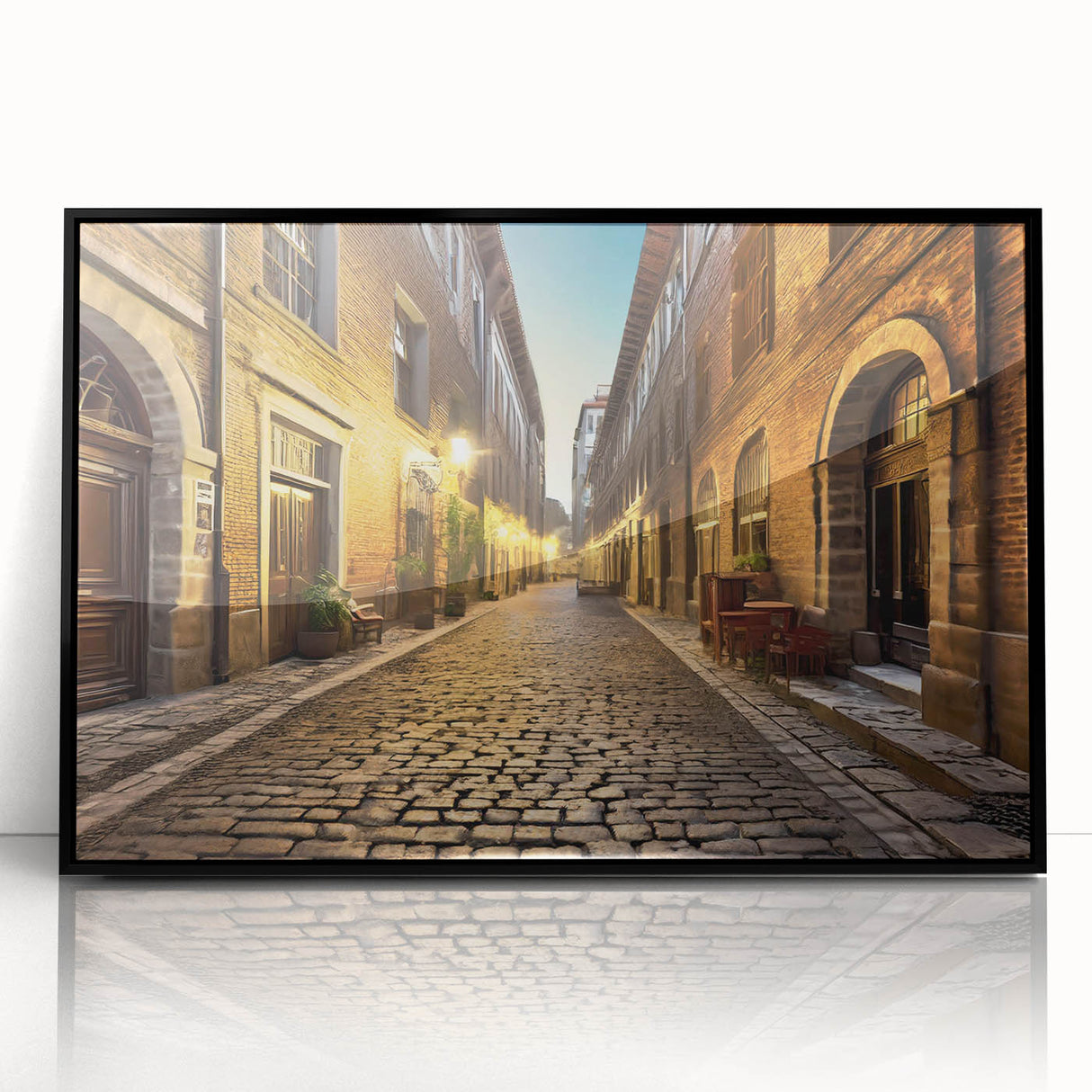 Framed black acrylic wall art featuring a vibrant urban landscape design with colorful street elements. Perfect for modern home decor and artistic spaces.