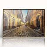 Framed acrylic wall art showcasing a stunning landscape street design with rich gold accents, ideal for modern home decor and artistic elegance.