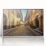 Framed acrylic wall art featuring a vibrant street design in landscape style, showcasing bold colors and intricate details, ideal for modern home decor.