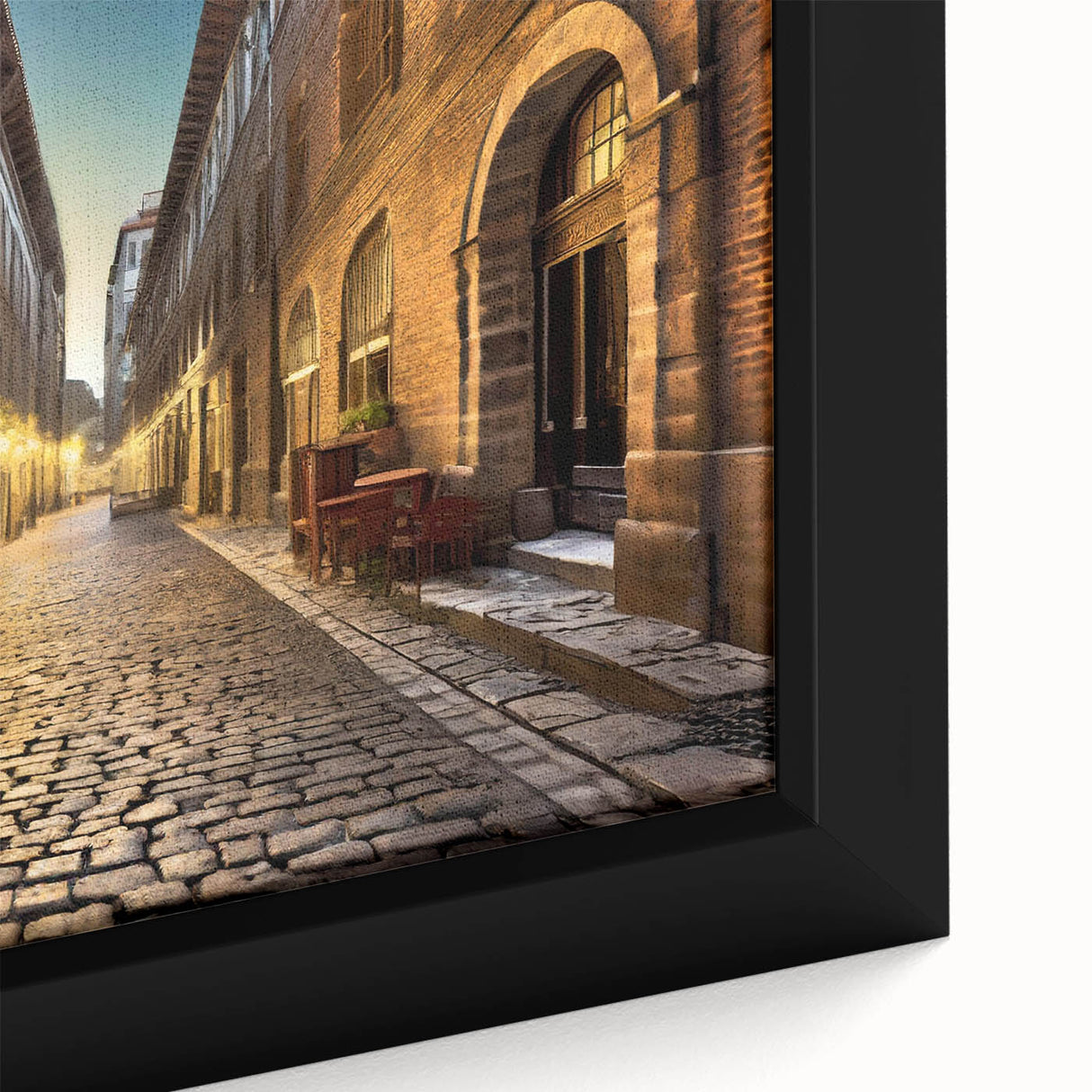 Close-up of a framed canvas wall art piece showcasing a vibrant street landscape design, featuring rich colors and intricate details, perfect for modern home decor.