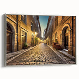 Framed canvas wall art featuring a serene landscape design, showcasing silver accents on the frame and a picturesque view, perfect for home decor enhancement.