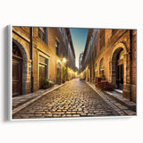 Framed canvas wall art showcasing a vibrant landscape street design, featuring intricate details and a sleek white frame, perfect for enhancing modern decor.