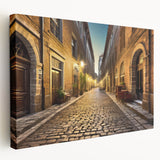 Stretched canvas wall art depicting a vibrant street landscape design, showcasing bold colors and intricate details, perfect for modern home decor.