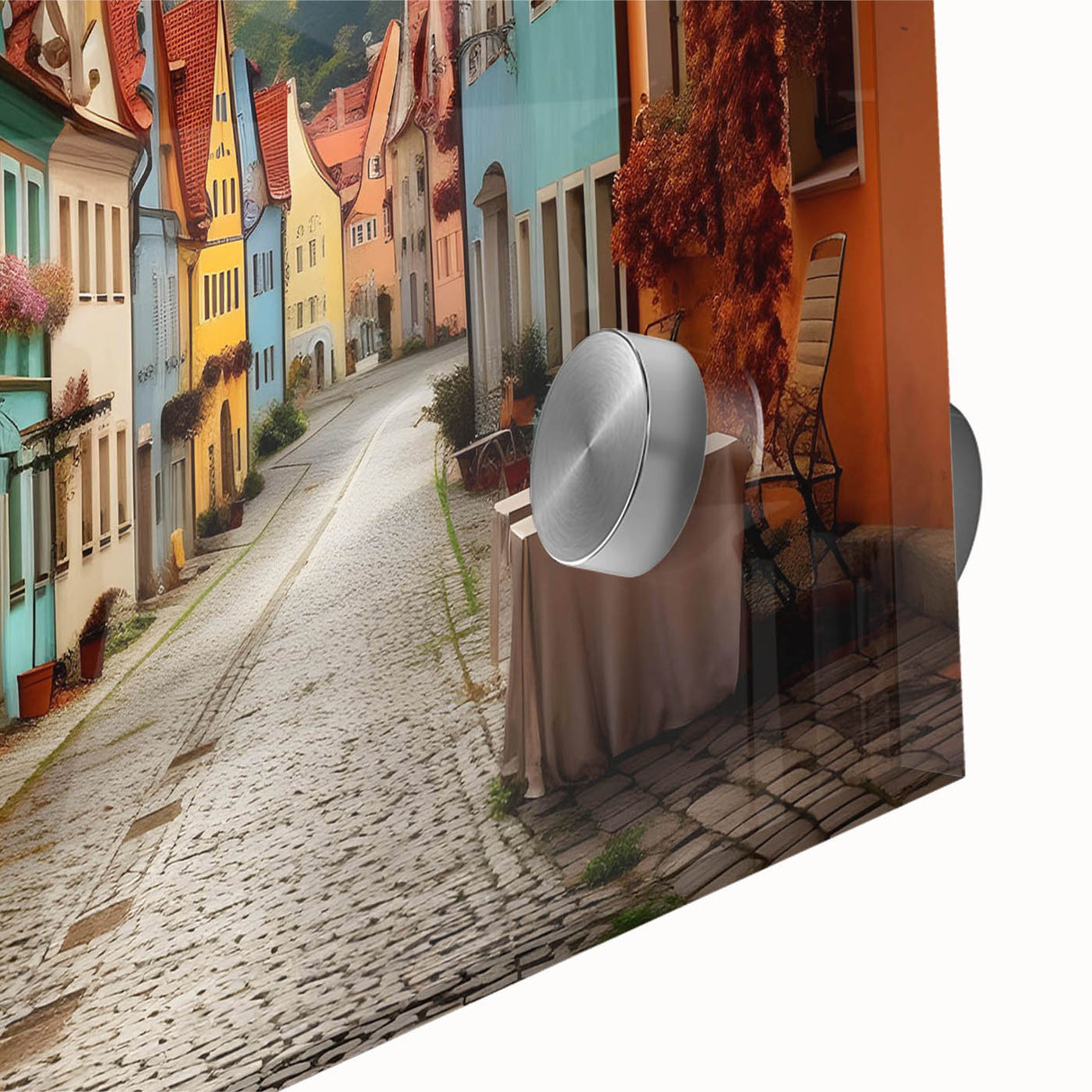 Close-up of a vibrant acrylic glass wall art piece featuring a colorful street landscape design, showcasing intricate details and textures ideal for modern home decor.