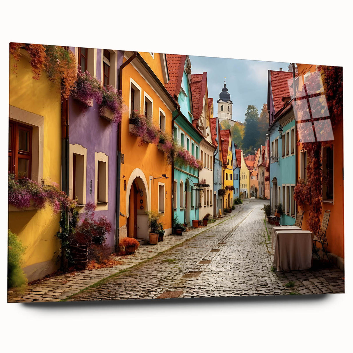 Acrylic glass wall art collection showcasing a vibrant street landscape design, featuring colorful buildings and trees, ideal for modern home decor. The side view highlights its sleek finish, perfect for art enthusiasts.
