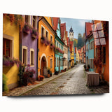 Acrylic glass wall art collection showcasing a vibrant street landscape design, featuring colorful buildings and trees, ideal for modern home decor. The side view highlights its sleek finish, perfect for art enthusiasts.